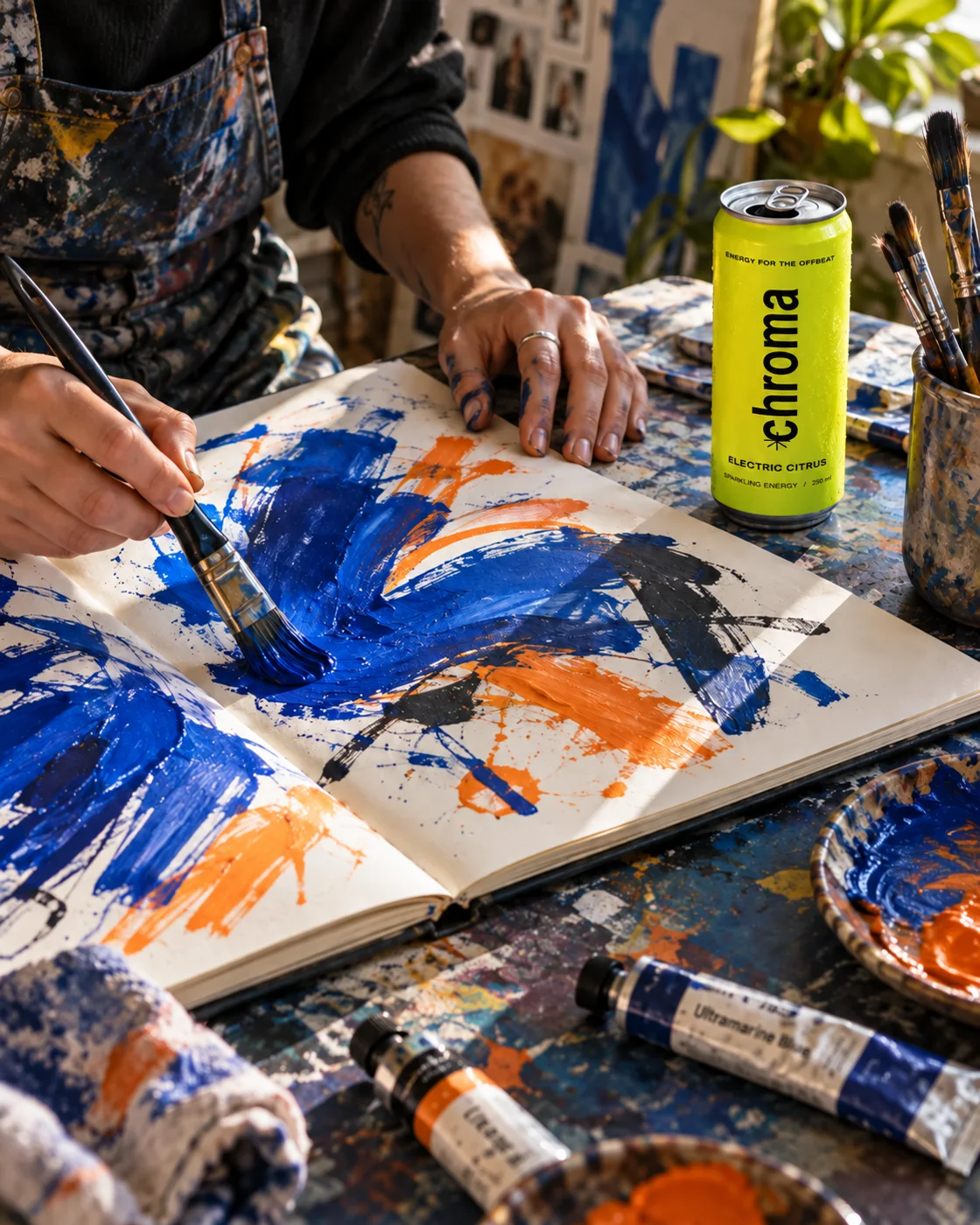 An artist painting in a sketchbook with a yellow Chroma Electric Citrus can beside their brushes